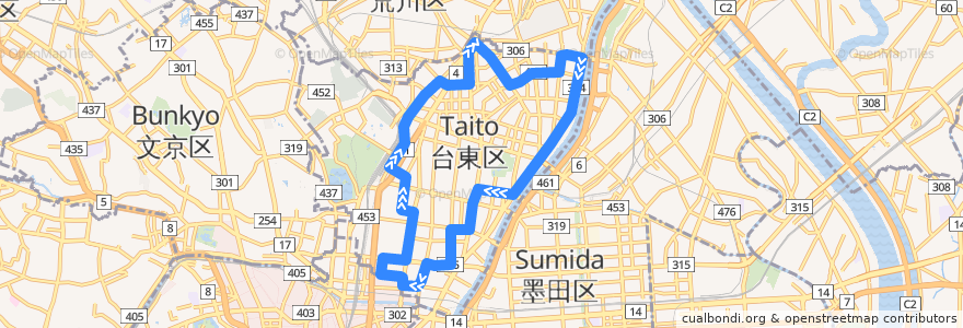 Mapa del recorrido ぐるーりめぐりん de la línea  en Tokyo.