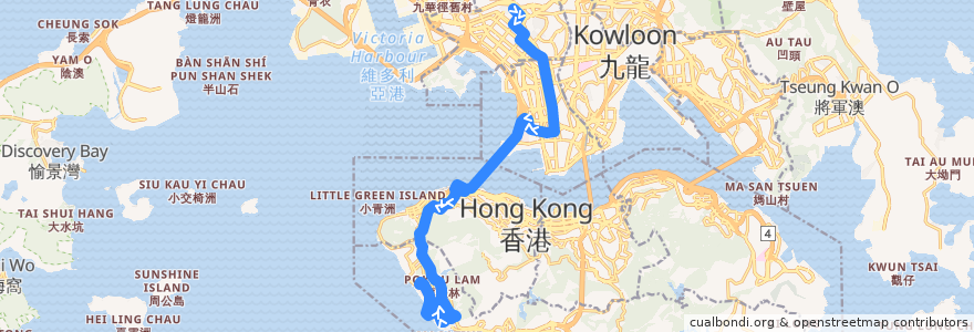 Mapa del recorrido 過海隧巴970線 Cross-harbour Bus 970 (蘇屋 So Uk → 數碼港 Cyberport) de la línea  en 香港 Hong Kong.