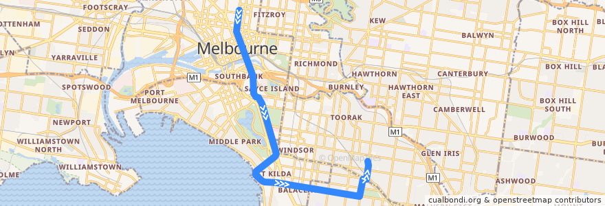 Mapa del recorrido Tram 16d: Melbourne University => Malvern Depot de la línea  en メルボルン.