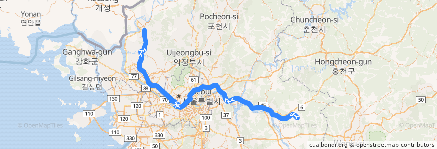 Mapa del recorrido 수도권 전철 경의·중앙선: 지평 → 문산 de la línea  en Corea del Sur.