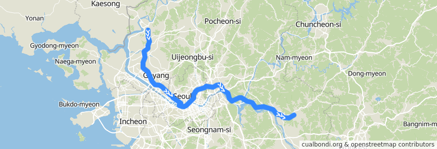 Mapa del recorrido 수도권 전철 경의·중앙선: 문산 → 용문 de la línea  en Corea del Sur.