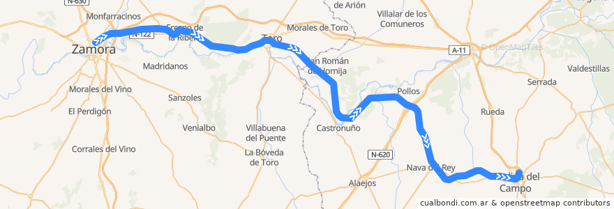 Mapa del recorrido Línea Medina del Campo-Zamora de la línea  en قشتالة وليون.