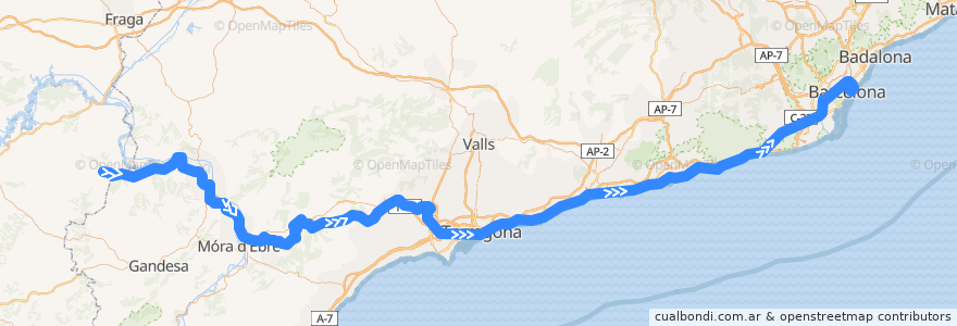 Mapa del recorrido 34: Zaragoza Delicias - Barcelona-Estació de França (via Flix) de la línea  en Catalunha.