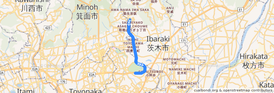 Mapa del recorrido 大阪モノレール彩都線 de la línea  en أوساكا.