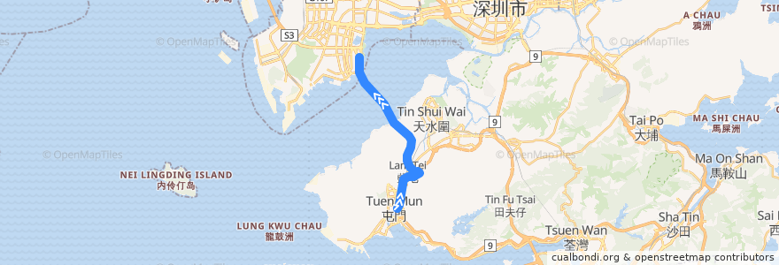 Mapa del recorrido 城巴B3X線 Citybus B3X (屯門市中心 Tuen Mun Town Centre → 深圳灣口岸 Shenzhen Bay Port) de la línea  en 香港 Hong Kong.