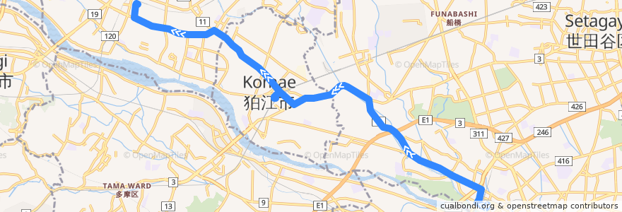 Mapa del recorrido 調布南口線 二子玉川駅⇒調布駅 de la línea  en Tokio.