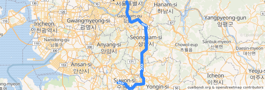 Mapa del recorrido 수도권 전철 분당선 급행: 수원 → 왕십리 de la línea  en كوريا الجنوبية.