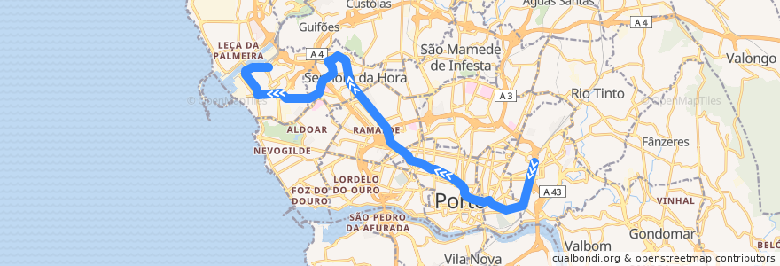 Mapa del recorrido Linha A: Estádio do Dragão => Senhor de Matosinhos de la línea  en Porto.
