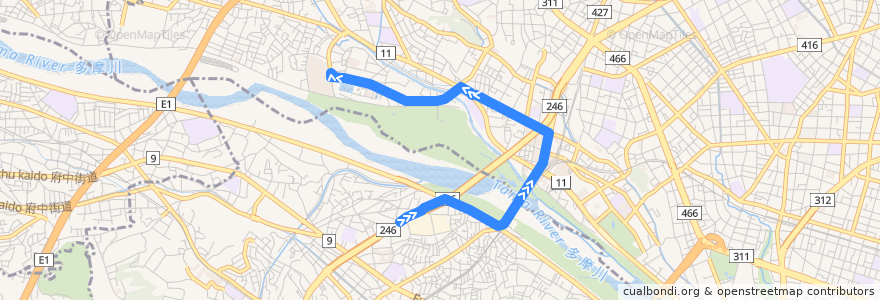 Mapa del recorrido 新道線　高津営業所⇒砧本村 de la línea  en Tóquio.