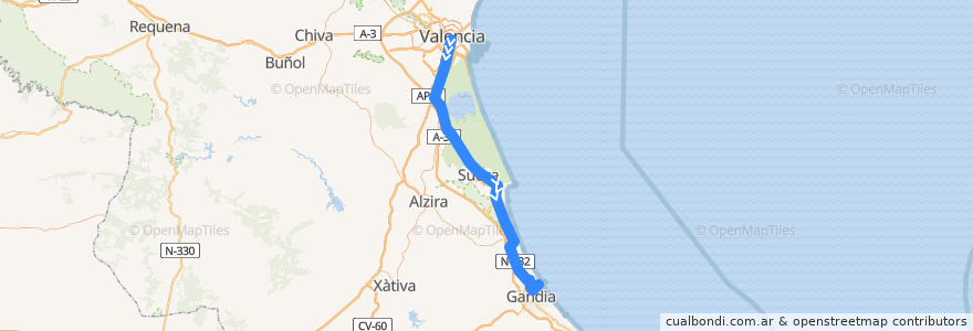 Mapa del recorrido C-1: València - Nord => Platja i Grau de Gandia de la línea  en 華倫西亞省.