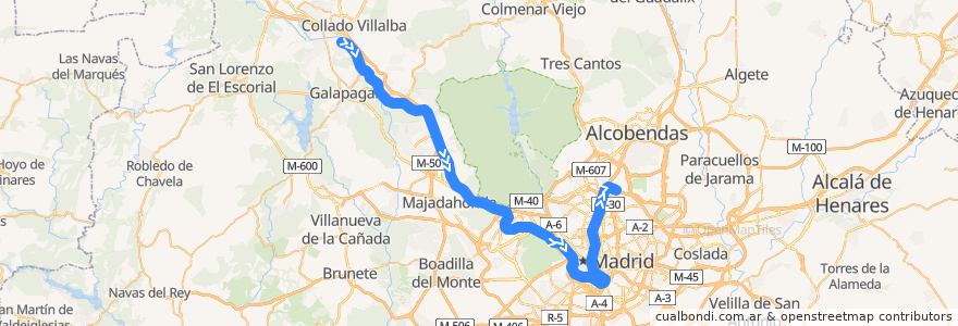 Mapa del recorrido C-10. Villalba → Príncipe Pío → Atocha → Chamartín → Fuente de la Mora de la línea  en Comunidad de Madrid.