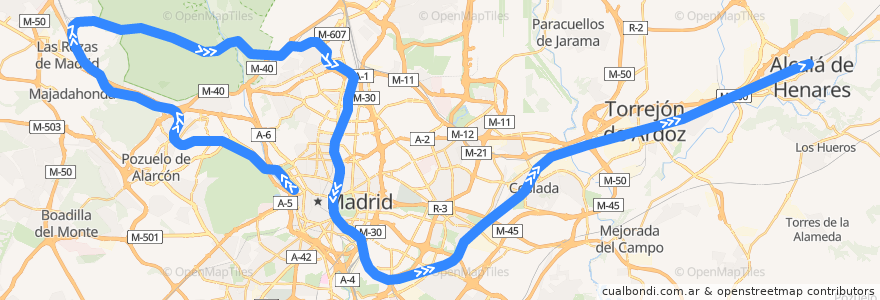 Mapa del recorrido C-7. Príncipe Pío → Chamartín → Atocha → Alcalá de Henares de la línea  en Comunidad de Madrid.