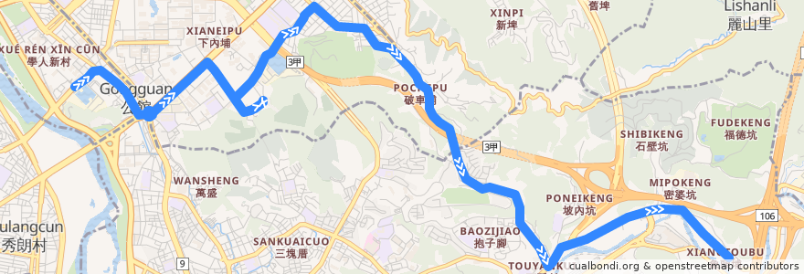 Mapa del recorrido 臺北市 小30 木柵路五段-自來水博物館 (往木柵路五段) de la línea  en 臺北市.
