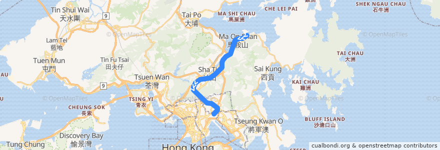 Mapa del recorrido 屯馬綫一期 Tuen Ma Line Phase 1 (烏溪沙 Wu Kai Sha → 啟德 Kai Tak) de la línea  en 香港 Hong Kong.