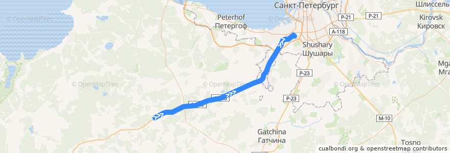 Mapa del recorrido Автобус № 632А: Каськово => станция метро "Проспект Ветеранов" de la línea  en Oblast de Léningrad.