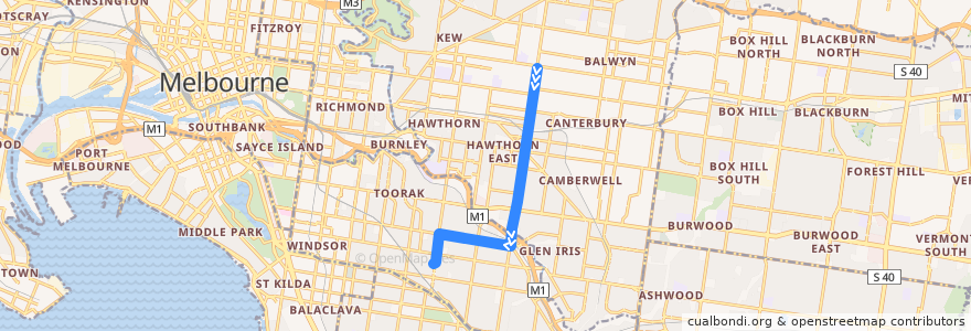 Mapa del recorrido Tram 72d: Camberwell => Malvern Depot (High Street & Glenferrie Road) de la línea  en Melbourne.