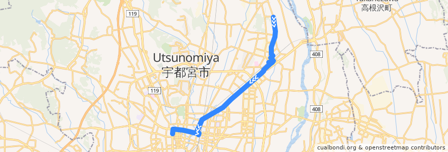 Mapa del recorrido 関東自動車バス 和久⇒今泉九丁目⇒宇都宮東武 de la línea  en 宇都宮市.