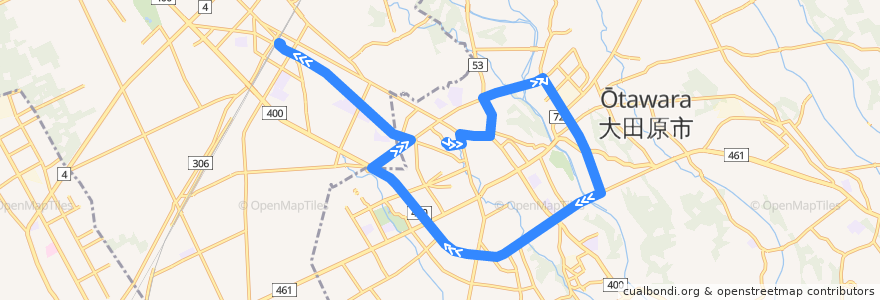 Mapa del recorrido 大田原市営バス大田原市内循環線 大田原市役所⇒東武百貨店前⇒西那須野駅 de la línea  en Prefectura de Tochigi.