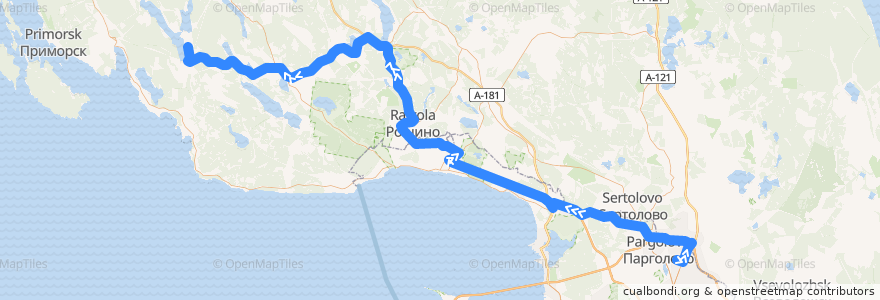 Mapa del recorrido Автобус № 679: станция метро "Парнас" => Красная Долина de la línea  en Ленинградская область.