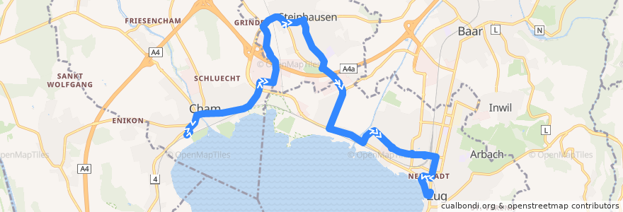 Mapa del recorrido Bus 6: Cham, Bahnhof => Steinhausen => Zug, Postplatz de la línea  en Zug.