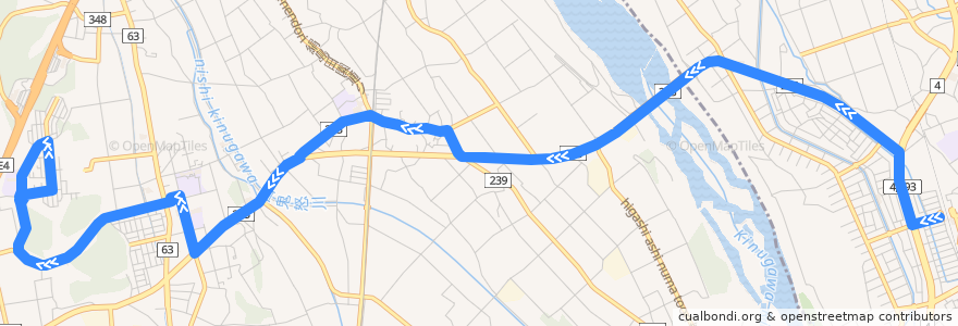 Mapa del recorrido 上河内地域路線バス氏家線 氏家駅⇒上河内地域自治センター⇒西小学校 de la línea  en 栃木県.