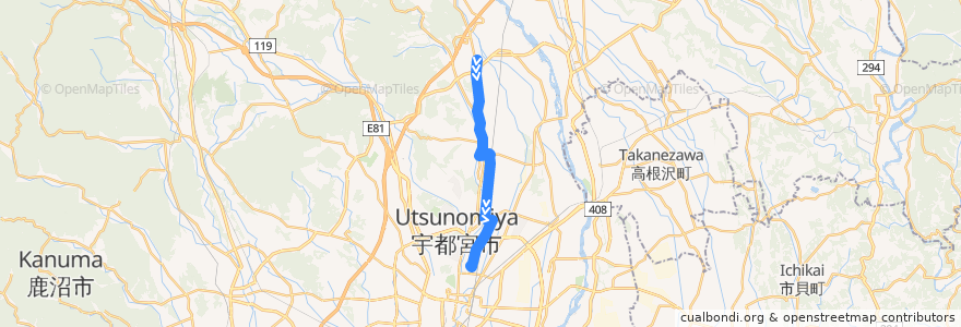 Mapa del recorrido 上河内地域路線バス済生会病院線 上河内地域自治センター⇒田原コミュニティプラザ⇒済生会病院 de la línea  en 宇都宮市.