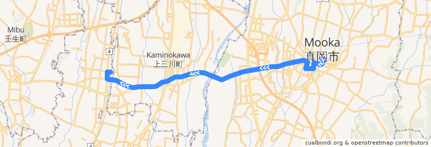 Mapa del recorrido 関東自動車バス 真岡車庫⇒石橋駅 de la línea  en Prefettura di Tochigi.