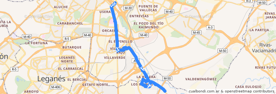Mapa del recorrido Bus 411: Madrid (Legazpi) - Perales del Río de la línea  en Comunidade de Madrid.