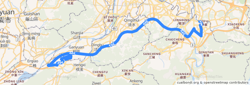 Mapa del recorrido 新北市 941 三峽-新店 (往三峽) de la línea  en New Taipei.