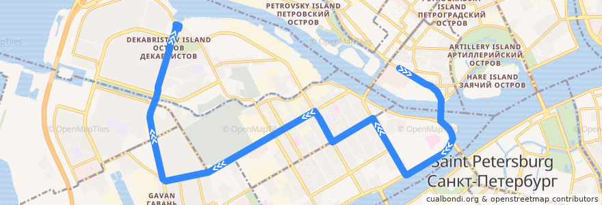 Mapa del recorrido Автобус № 6А: станция метро "Спортивная" => улица Кораблестроителей de la línea  en Василеостровский район.
