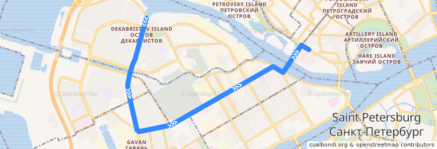 Mapa del recorrido Автобус № 6А: улица Кораблестроителей => станция метро "Спортивная" de la línea  en Василеостровский район.