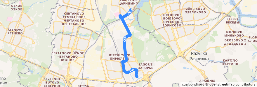 Mapa del recorrido Автобус 389: Метро "Царицыно" - Загорьевский проезд de la línea  en Biryulyovo Vostochnoye District.
