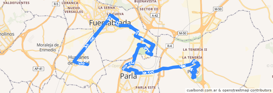 Mapa del recorrido 471: Humanes de Madrid - Fuenlabrada - Parla - Pinto de la línea  en Community of Madrid.