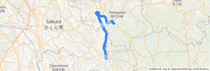 Mapa del recorrido 那珂川町コミュニティバス馬頭烏山線 JR烏山駅⇒馬頭高校⇒那珂川町役場 de la línea  en 栃木県.