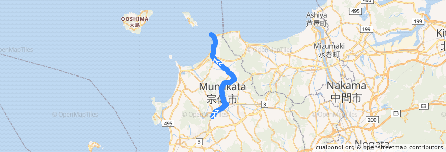 Mapa del recorrido 津屋崎〜鐘崎線 de la línea  en 宗像市.