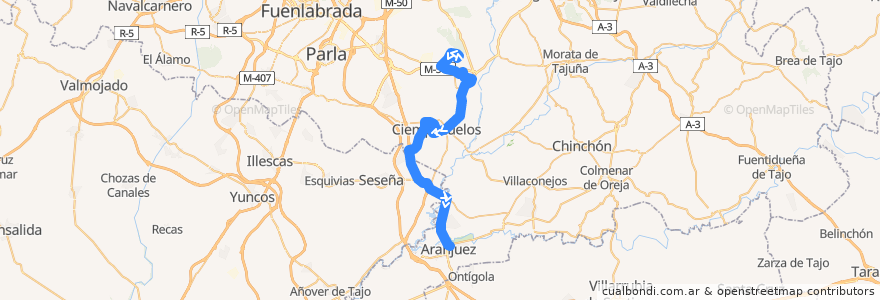 Mapa del recorrido 410: San Martín de la Vega - Aranjuez de la línea  en Comunidad de Madrid.