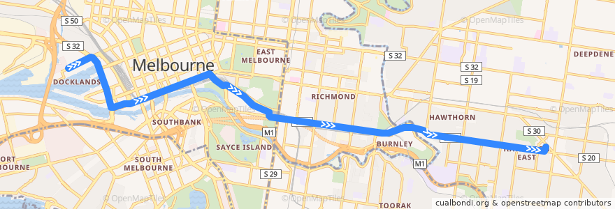 Mapa del recorrido Tram 70d: Waterfront City => Camberwell Depot de la línea  en メルボルン.
