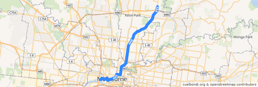 Mapa del recorrido Tram 86: RMIT University Bundoora Campus => Waterfront City de la línea  en Melbourne.