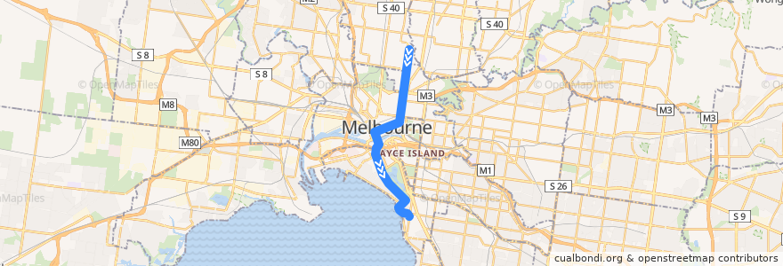 Mapa del recorrido Tram 96: East Brunswick => St Kilda Beach de la línea  en メルボルン.