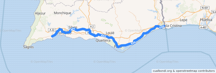 Mapa del recorrido R Vila Real de Santo António – Lagos de la línea  en Faro.