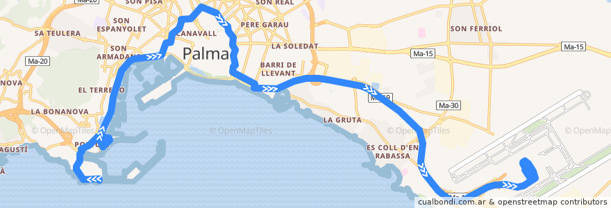 Mapa del recorrido Bus 1: Port → Aeroport de la línea  en Пальма.