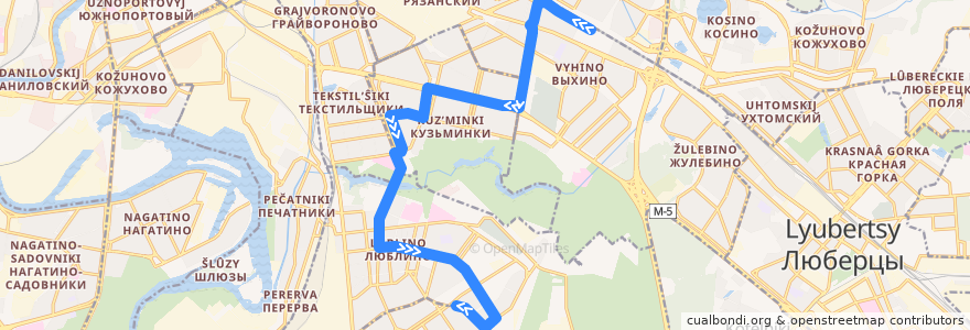 Mapa del recorrido Автобус 551: Метро "Выхино" - Улица Верхние Поля, 38 de la línea  en 东南行政区.