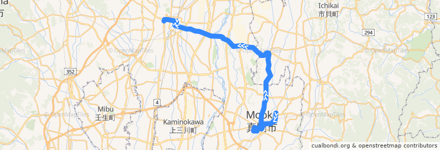 Mapa del recorrido 関東自動車バス 真岡営業所⇒水橋⇒宇都宮東武 de la línea  en 栃木県.