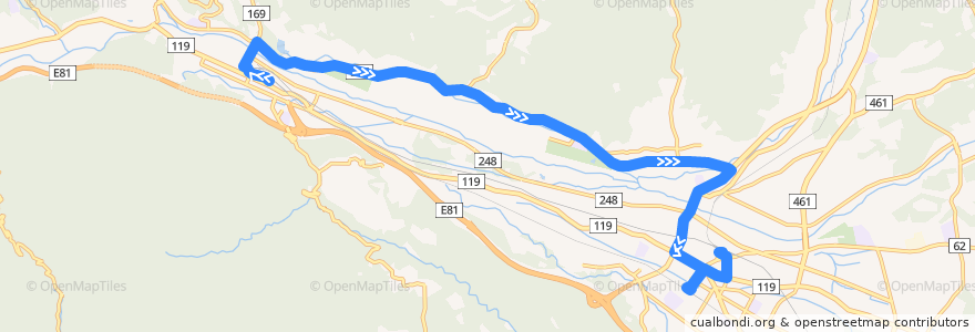 Mapa del recorrido 日光交通バス JR日光駅⇒今市特別支援学校⇒下今市駅 de la línea  en 日光市.