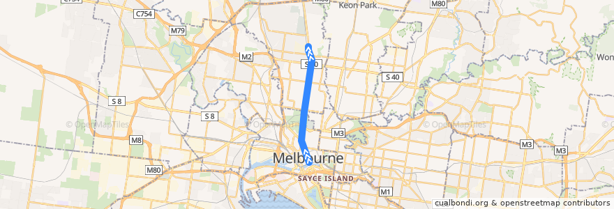 Mapa del recorrido Tram 19: Flinders Street railway station => North Coburg de la línea  en 墨爾本.