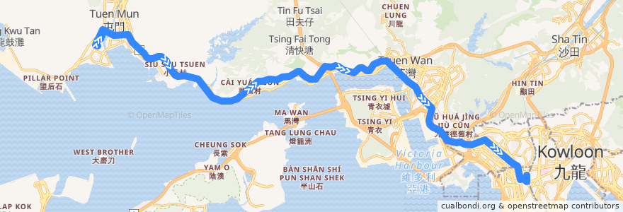 Mapa del recorrido 九巴59X線 KMB 59X (新屯門中心 Sun Tuen Mun Centre → 旺角東站 Mong Kok East Station (經龍門居 via Lung Mun Oasis)) de la línea  en Hong Kong.