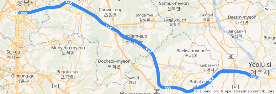Mapa del recorrido 수도권 전철 경강선: 여주 → 판교 de la línea  en گیونگی-دو.