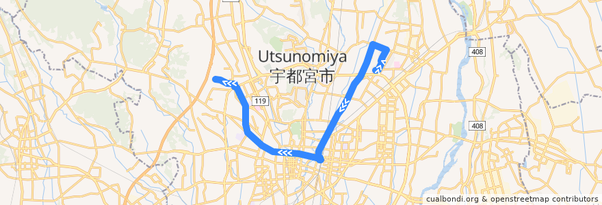 Mapa del recorrido 関東自動車バス[55] 釜井台団地⇒宝木団地 de la línea  en 宇都宮市.