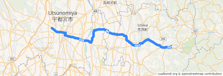 Mapa del recorrido JRバス関東水都西線 茂木⇒道場宿⇒作新学院前 de la línea  en 栃木県.