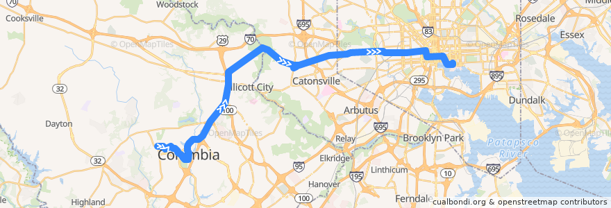 Mapa del recorrido Express Bus 150: Columbia de la línea  en Maryland.